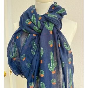 Navy CACTUS Novelty Print Large Shawl Scarf Western Southwestern